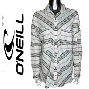 O'Neill Button Front Long Sleeve  Stripe Top Grey White Blouse Small